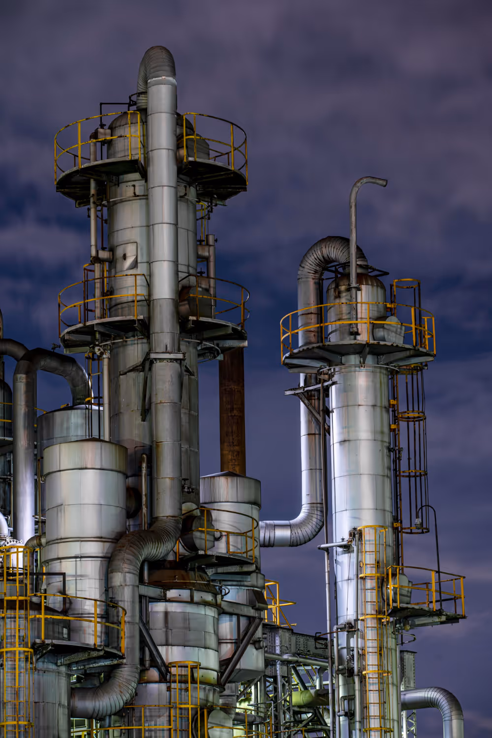 Industrial refinery towers with metal pipes and yellow railings under a cloudy night sky.