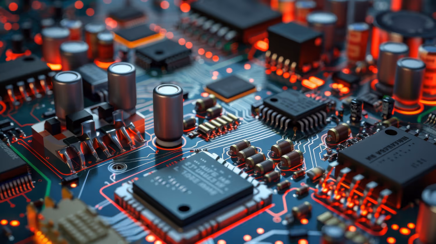 Close-up of an electronic circuit board with microchips, capacitors, and glowing red traces.