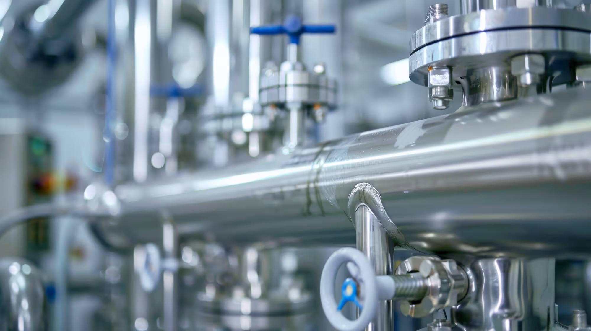 Close-up of stainless steel industrial pipes and valves in a modern factory setting.