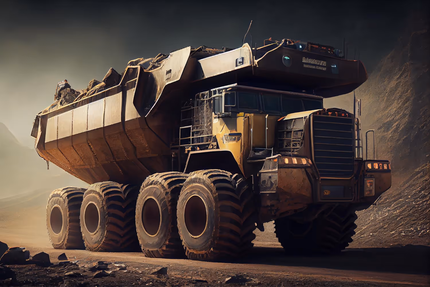 Large heavy-duty mining dump truck with eight rugged tires on a dirt road in a mining site.