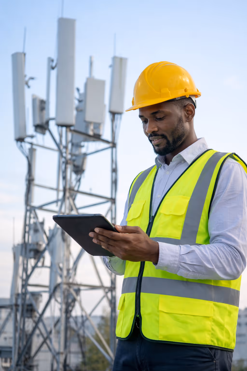 Construction worker wearing a yellow safety vest and hard hat using a tablet near telecommunication antennas.