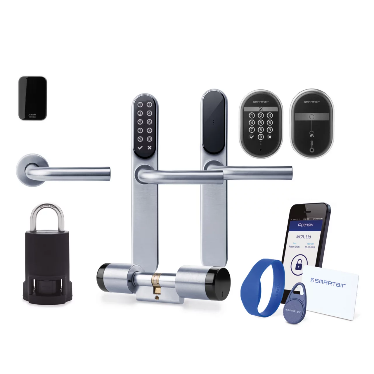 Set of digital and smart security door hardware including keypad door handles, electronic locks, a padlock, a smart card, key fob, wristband, and a mobile phone displaying a lock app.